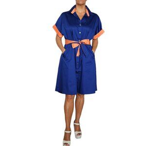 Women's Chic Blue Shirt Dress with Orange Contrast Trim With Belt One Size